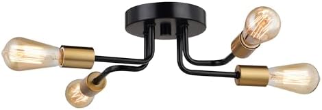 VAXCEL Rhine 15.75-in W LED Compatible Matte Black and Gold Brass Industrial Semi Flush Mount Ceiling Light Exposed Bulbs