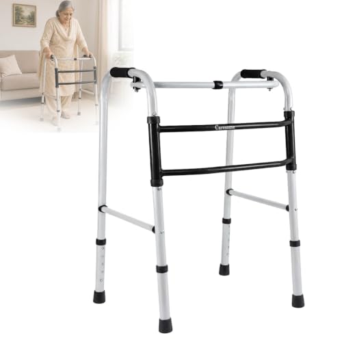 Image of Powder Coating Walker for Senior Citizens | Adjustable Height Adult Walker for Patients | Lightweight & Sturdy Walking Stand for Old People | Foldable Walking Aid for Men & Women - Grey & Black