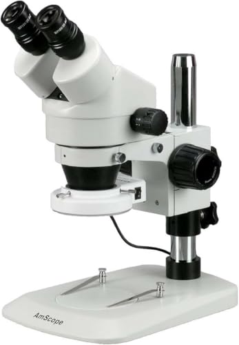 Image of AmScope SM-1BN-64S Professional Binocular Stereo Zoom Microscope, WH10x Eyepieces, 7X-45X Magnification, 0.7X-4.5X Zoom Objective, 64-Bulb LED Ring Light, Pillar Stand, 110V-240V