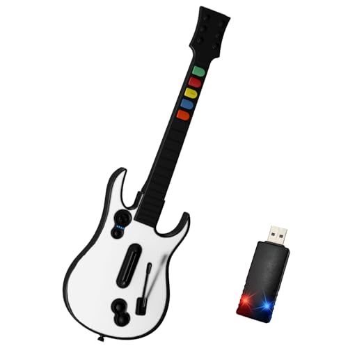 NBCP Wireless PC Guitar Controller – Compatible with Clone Hero, GH III, World Tour &amp; Rock Band, Plug &amp; Play 2.4G USB Connection – White