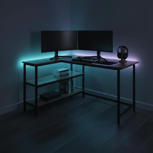 Image of Amazon Brand - Solimo L-Shaped Study Table for Students & Adults | Computer Table for Home Office & Gaming | Corner Computer Desk in Wood & Metal | Anders - Forest Dark & Black | DIY Installation