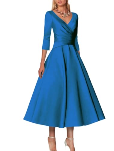Lyhias A-Line Elegant Mother of The Bride Dress V Neck 3/4 Length Sleeve Tea Length Wedding Guest Dress with Pleats 2024