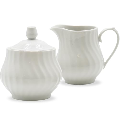 Sugar and Creamer Set - Porcelain Sugar and Creamer Vintage Tea Set with Elegant Embossed Swirls - Exquisite Fine China Tea Set for Parties & Celebrations - Imperial White Set by Lynns