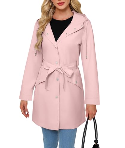 LIUYUYOUGO Trench Mujer Gabardina Larga Y Elegante Para Mujer Con Cinturón Gabardina Ligera De Un Solo Pecho Elegante Abrigo Impermeable Con Capucha Y Manga Larga Chaqueta De Transición Cortavient