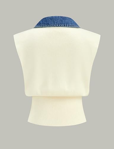 Womens Denim Trim Sweater Vest Sleeveless V Collar Crop Tank Top Knit Loose Pullover Outfit2