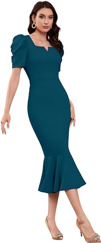 Image of ELLITI Women's Lycra Blend Sweetheart Neckline /V-Neck, Bodycon Dress with Mor Pich Color Short Puff Sleeve and Mermaid Hem, Calf Length /Midi Length /Knee Length Dress