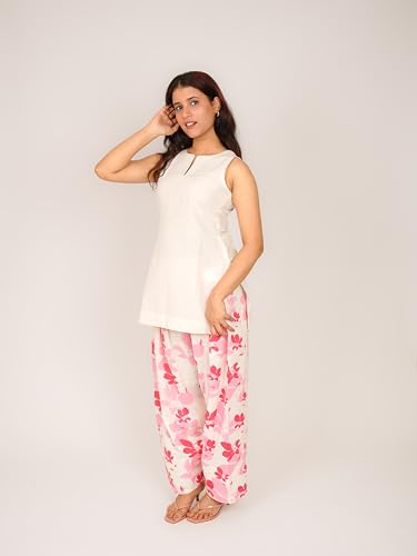 Image of MONOMEE Pink Floral White Farshi Salwar, Pure Cotton Sleeveless Keyhole Neck Printed Salwar Kurti Set for Women