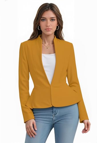 Hybrid & Company Women's Casual Work Office Elegant Open Front Premium Nylon Blazer Jacket JK1135 1073T Mustard L