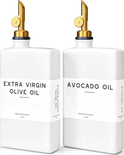White Glass Olive Oil Dispenser Bottle for Kitchen by Brighter Barns - Avocado Oil Dispenser Set, Vanilla Syrup Bottle - Modern Decor, Gold Kitchen Accessories for Airbnb, Cafe (White/Gold, Set of 2)