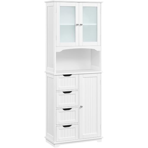 Yaheetech Armadietto da Bagno con 4 Cassetti Armadietto a Terra in Legno con Porte in Vetro Ripiani Regolabili in Altezza per Soggiorno Camera da Letto Corridoio