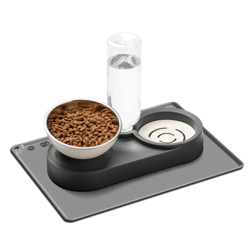 Marchul Ciotole Rialzate per Gatti con Supporto Inclinato di 15°, Ciotola in Acciaio Inossidabile con Bottiglia d'Acqua a Gravità da 500 ml, con Tappetino Antiscivolo in Silicone, Facile da Pulire