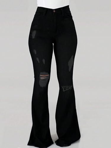 Women's High Waisted Flared Jeans Pull On Ripped Distressed Wide Leg Jeans Stretchy Denim Pants, Bootcut Pants3