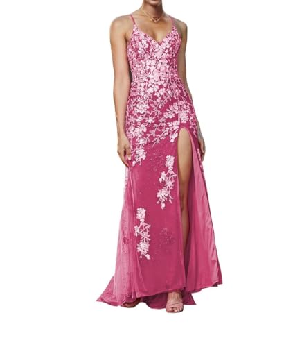Image of Long Spaghetti Straps Tulle Mermiad Prom Dress V Neck Lace Appliques Formal Dress with Slit SF203