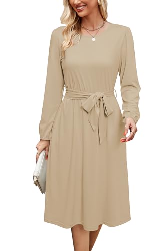 Image of Newshows Womens Long Sleeve Casual Dresses 2025 Business Work Teacher Fall Church Belted A Line Flowy Midi Dress