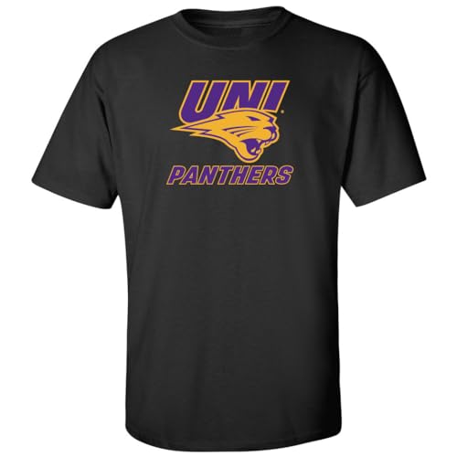 CornBorn University of Northern Iowa Tshirt - Northern Iowa Panthers Shirt - Purple and Gold Primary Logo - Black - 2X