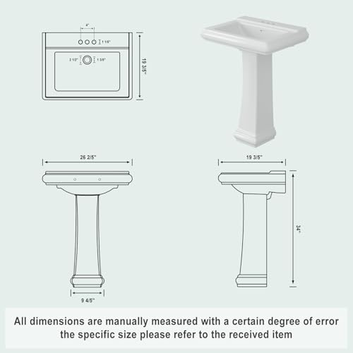 Bathroom Pedestal Sinks,Rectangular Pedestal Sink 26" W X 20" D Modern White Ceramic Bathroom Sink With Overflow and 3 Pre-Drilled Holes - Fits 4-Inch Faucets