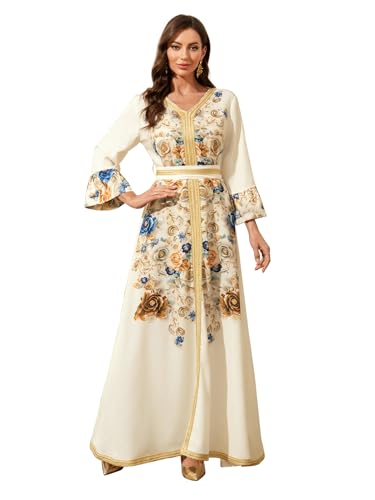 Image of Middle Eastern Modest Maxi Dress - Muslim Moroccan Kaftan Abaya for Women Gold Embroidered Eid Dress Islamic Traditional Wear