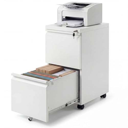 GIANTEX Cajonera Metálica de Oficina, Archivador Móvil de 2/3 Cajones con 5 Ruedas, 2 Barras Suspendidas Ajustables y Cerradura, Mueble Organizador para Legal, Carta, Archivos A4 (37x44x67cm,Blanco)