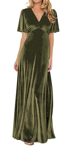 R.Vivimos Womens Fall Velvet Maxi Dress 2026 Short Sleeve V Neck Elegant Vintage Flowy Long Dresses (Medium, Army Green)