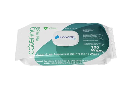 Uniwipe Catering Midi-Wipes, Food Area Approved Antibacterial Sanitising Wipes, Kills 99.999% of Germs, 100 Count 22 x 20cm Green Zone