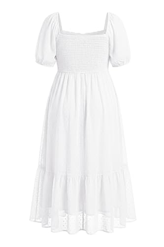 Image of Plus Size Summer Dresses - Swiss Dot Smocked Square Neck Puff Sleeve Boho Maternity Maxi Dress for Baby Shower Wedding Guest