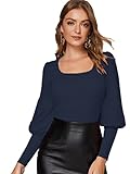 SheIn Women's Solid Scoop Neck Blouse Leg-of-Mutton Long Sleeve Tee Tops Navy Blue Small