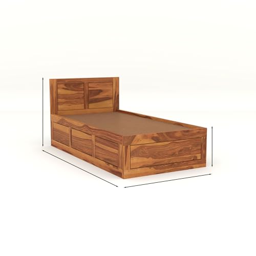 Image of Solid Sheesham Wood Single Size Bed with Box Storage for Bedroom Living Room Single Cot for Home Wooden Palang for Hotel (Honey, Size 6 * 3)