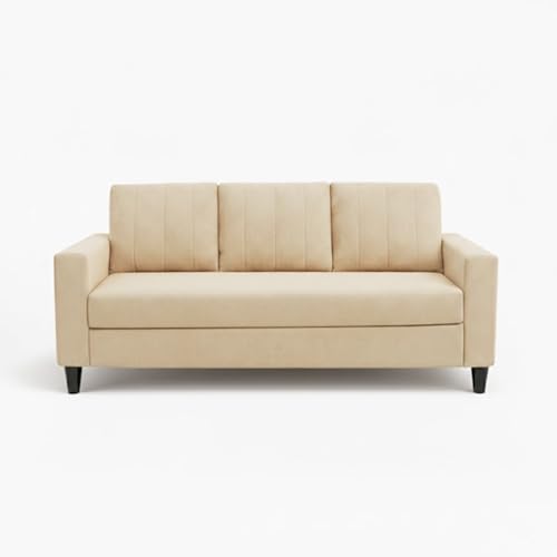 Image of Hendrick Plush Velvet 3 Seater + 1 Seater + 1 Seater Sofa Set | Silken Velvet Upholstery | Golden Legs | Designer Set for Living Room & Office Spaces (Cream)