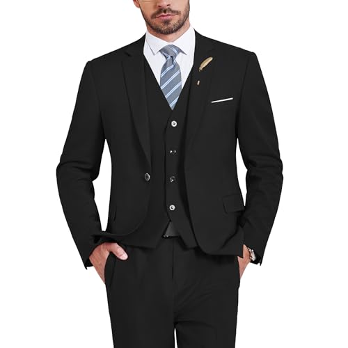 MrSure Men's 3 Piece Suit Blazer, Slim Fit Tux with One Button, Jacket Vest Pants & Tie Set for Party, Wedding and Business Black
