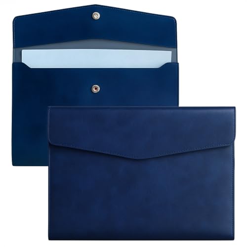 ファイルフォルダー PUレザー A4サイズ 磁気スナップ 厚手 マチあり 大容量 防水 持ち運び 書類ケース 資料 収納 オフィス ビジネス ドキュメント (ネイビー)