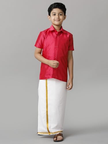 Image of RAMRAJ COTTON Boys Silk Cotton Shirt With Adjustable Cream Dhoti Perfect For Ceremonies| Festivals| And Special Occasions