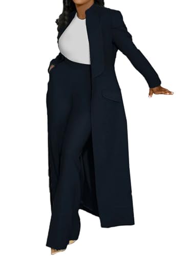 Famnbro Womens Suits 2 Piece Set Long Blazers Jacket Lapel