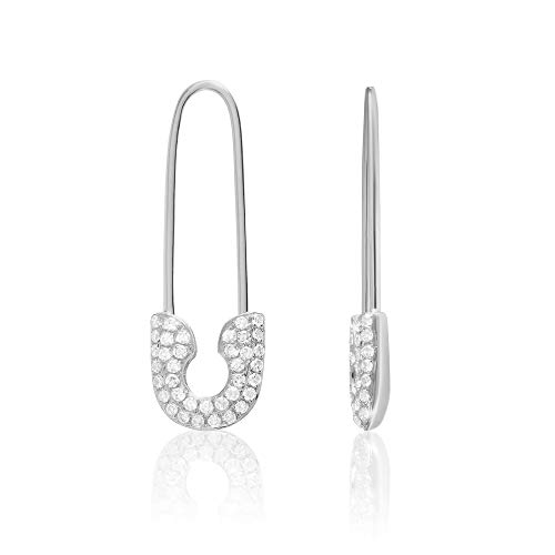 14K White Gold And Diamonds Safety Pin Threader Fashion Earrings, Full Pair #TOP17
