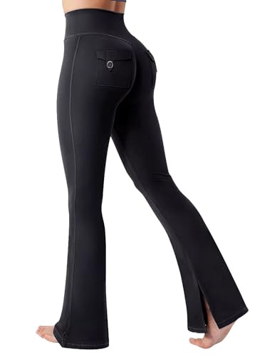 Flamingals Butt Lifting Flared Leggings for Women High Waisted Tummy Control Flap Pocket Hidden Scrunch Cargo Yoga Pants Black S