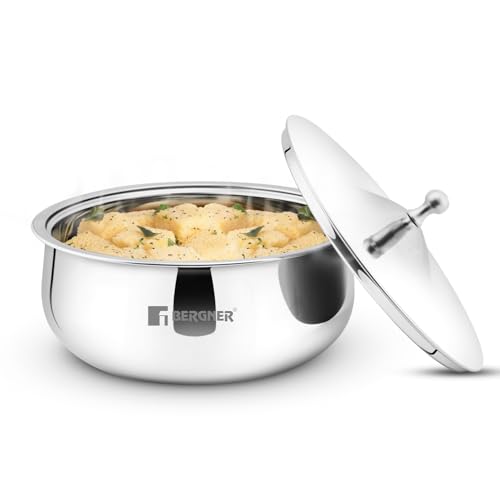 Image of Bergner Vienna Stainless Steel Hot Pot, 19cm /1L Double Walled Serving Casserole with PU Insulated Stainless Steel Lid, Chapati Box, Cast Steel Knob, Food Grade, Keeps Food Hot for Long Hours