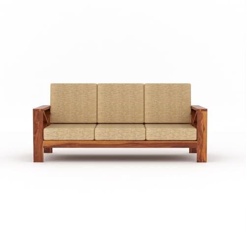 Image of Sheesham Wooden 3 Seater Sofa for Living Room | Rosewood 3 Seater Cushion Sofa X-Legs | Solid Wood Sofa Set for Lounge (3 Seater,Honey)