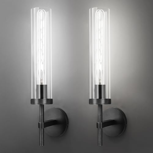 Image of Black Wall Sconces Set of 2, 19.5 inch Knurled Matte Black Bathroom Vanity Light Fixture with Clear Glass Tube, Modern Industrial Wall Lamp for Bathroom Mirror Bedroom Living Room Hallway Stairs