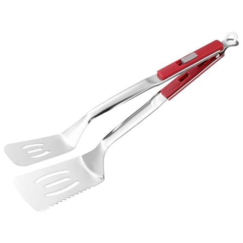 M METERXITY Spatula Tongs, 13.4 Inch 304 Stainless Steel Anti-Scald Extended Serrated Multifunctional Flipper Grill Clamp for Cooking/Barbecue, Kitchen Cooking Tong [Red Handle, Silver Tone]
