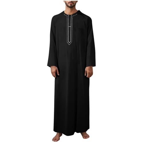 Cambkatl Mens Kaftan Thobe Embroidered Casual Crewneck Shirts Long Sleeve Robe Loose Muslim Gown Caftan