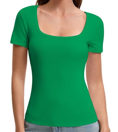 OYIGELZ Tshirt Damen Quadratischer Ausschnitt T-Shirt Eng Basic Top Einfarbig Kurzarm Shirt(Grün-F1,S)