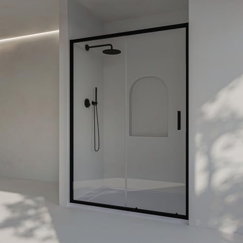 SoulHome Mampara ducha frontal 143,5 a 148cm x Alto 195cm REVERSIBLE, Negro