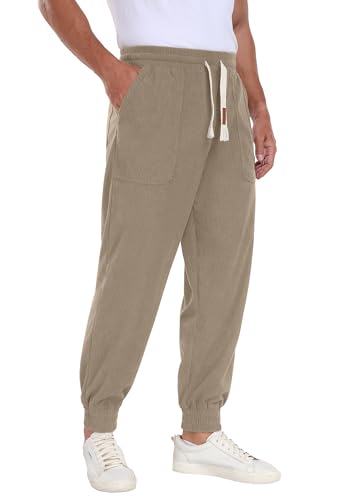 Askdeer Mens Corduroy Joggers Pants Casual Cargo Pants Drawstring Elastic Waist Baggy Tapered Sweatpants with 3 Pockets Khaki3