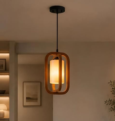 Image of twixle Wooden Double Rectangular Design and White Candle Pendant Lamp, Hanging Ceiling Lamp for Living Room, Bedroom, Kitchen, Balcony, Restaurant /Cafe, Hanging Light for Home Decor (Without Bulb)