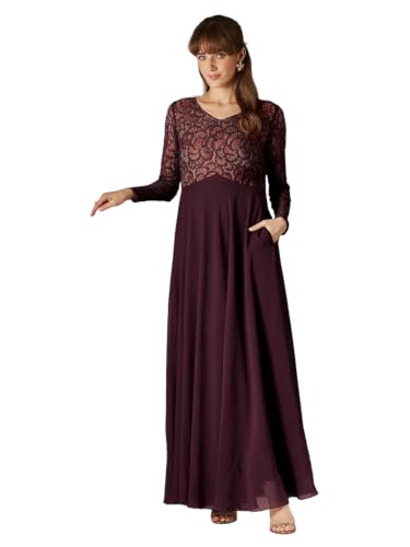 Image of Miss Chase Women's V-Neck Full Sleeve Self Design Lace-Overlaid Georgette Maxi Dress