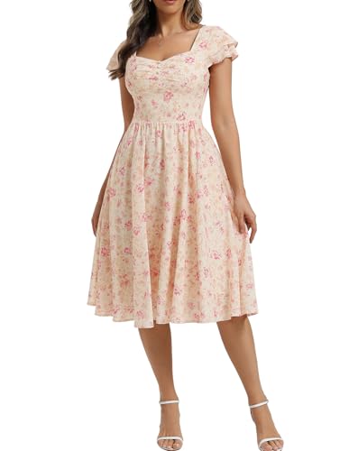 Image of Belle Poque Women's Sweatheart Neck Ruffle Cap Sleeve Floral Dress 2026 Summer Ruched Midi Elegant Cocktail Party Dress