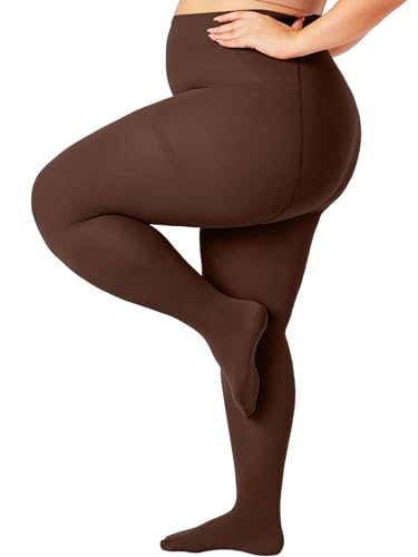 Image of Plus Size Opaque Tights for Women 240D Soft Solid Color Footed High Waist Control Top Pantyhose