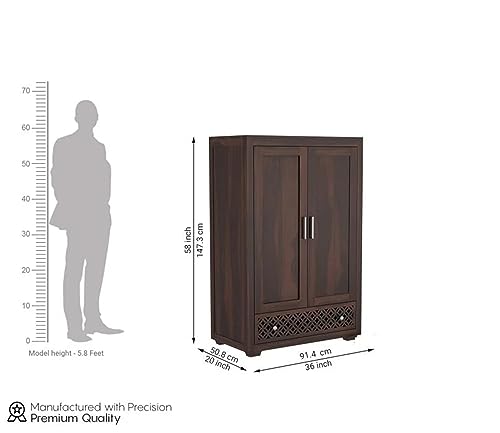 Image of Sheesham Wood Wooden 2 Door Wardrobe Organizer for Clothes | - Solid Wood Almirah with 1 Drawers, 1 Shelves - with Hanging Space Cupboard for Large Bedroom (Design 23)