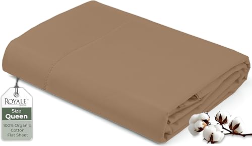 Image of Royale Linens 100% Organic Cotton Queen Flat Sheet Only - Super Soft - Percale Top Sheets - Queen Flat Sheet Sold Separately - Breathable, Cool & Crisp Sheets Only (90 inch x 102 inch, Chocolate)