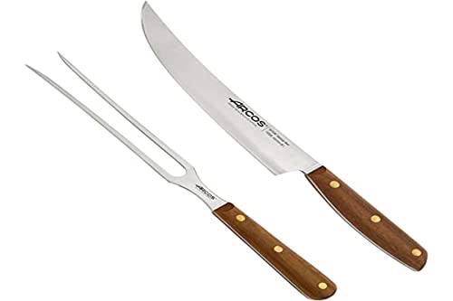 Arcos Utensilios Barbacoa - Cuchillo 200 mm y Tenedor 215 mm, Acero Inoxidable NITRUM, Mango Madera Ovengkol FSC, Set 2 Piezas, Embalaje Reciclado, Serie Nordika