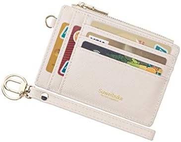 Wikavanli Women Slim Rfid Blocking Credit Card Case Holder Wristlet Zip ID Case Wallet Small Compact Leather Wallet Coin Purse with Keychain (Beige)